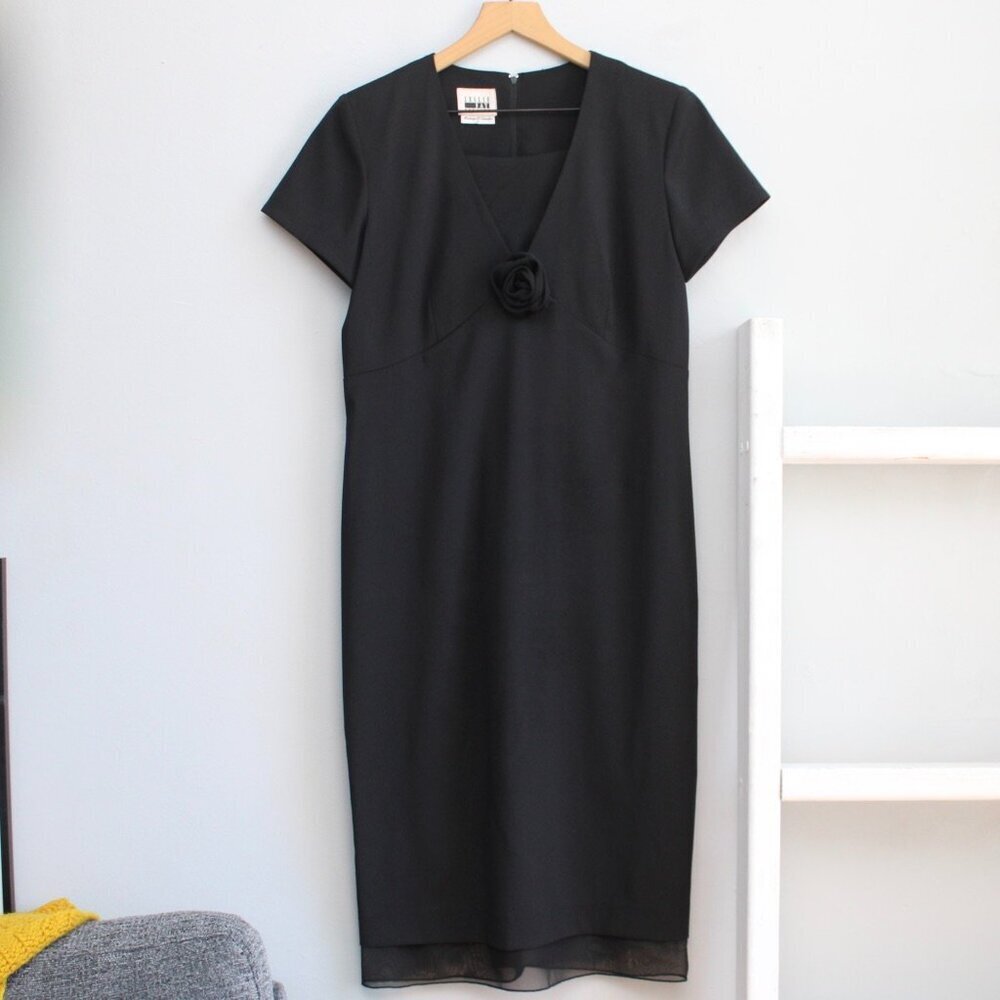 Leslie Fay Vintage Black Short Sleeve Chiffon Rosette Midi Sheath Dress Size 8